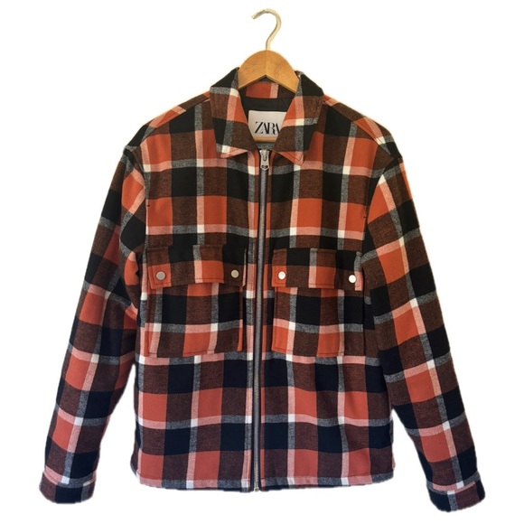 Zara Men or Women Plaid Orange Black Zip Up Quilted Shacket Jacket Heat Keeper - Picture 1 of 11
